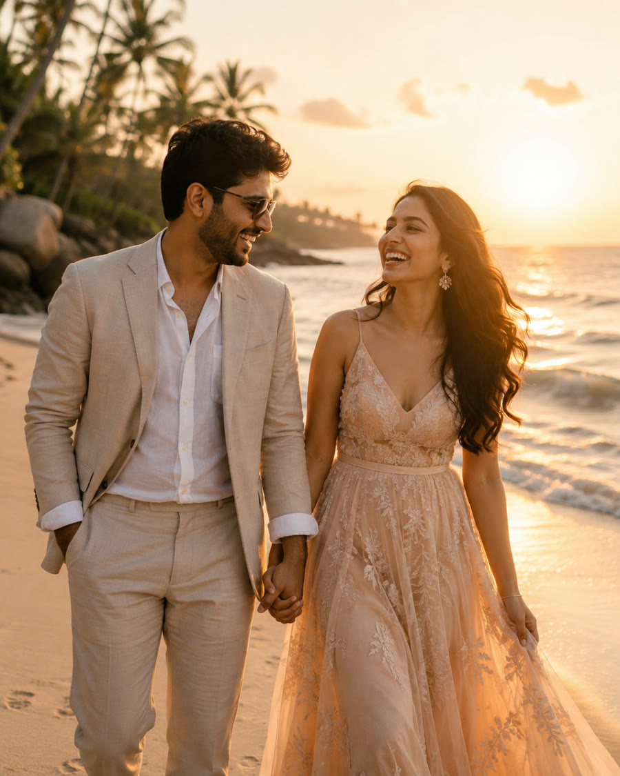 Aayush and Aayushi, golden hour walk on the beach