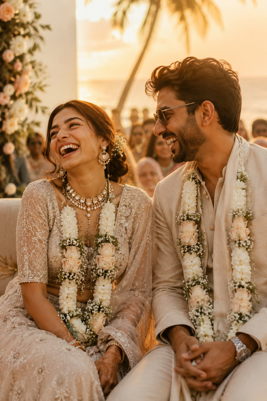Aayush and Aayushi, laughing together with floral garlands