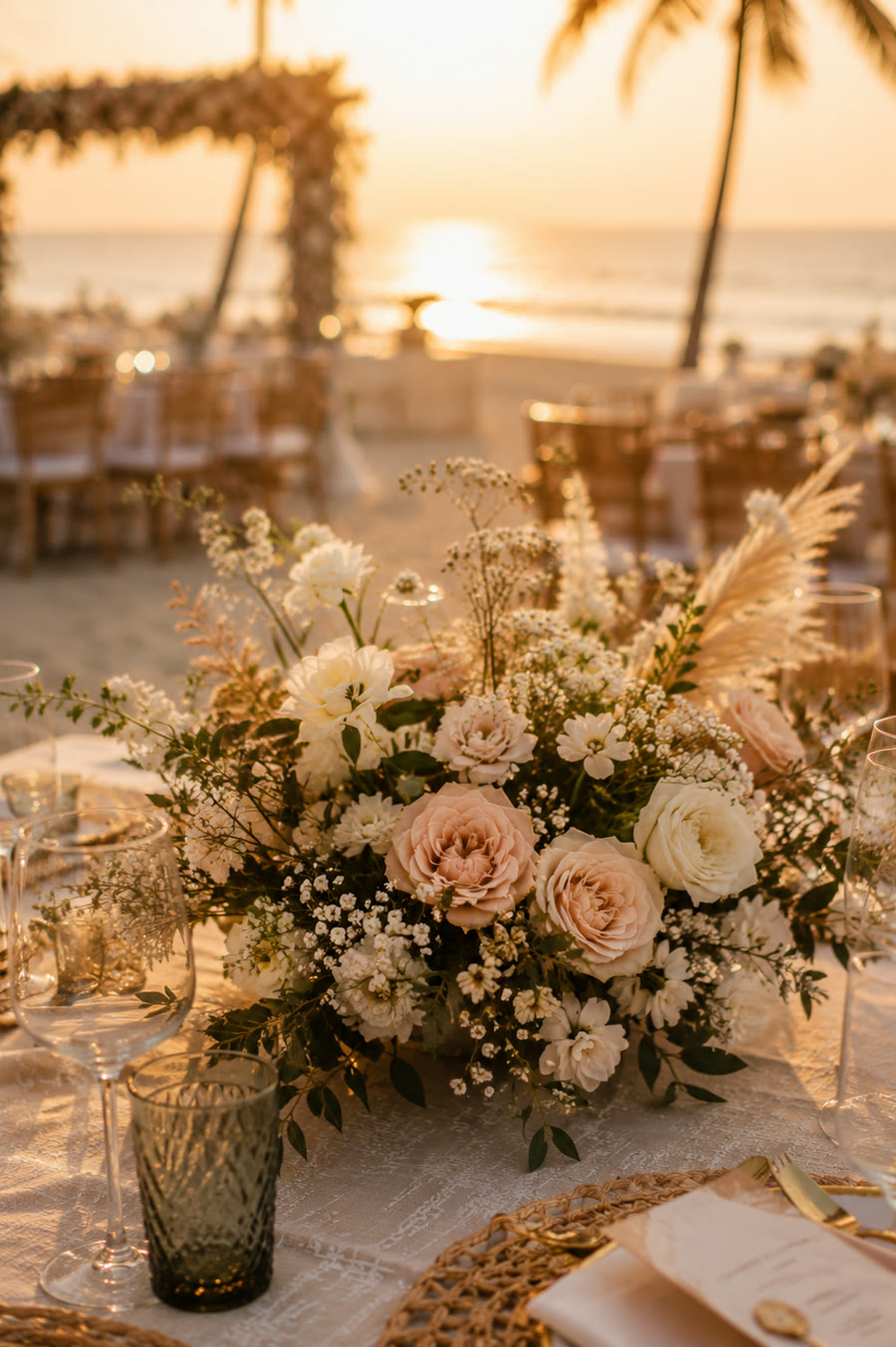 Reception table with sunset floral centerpiece