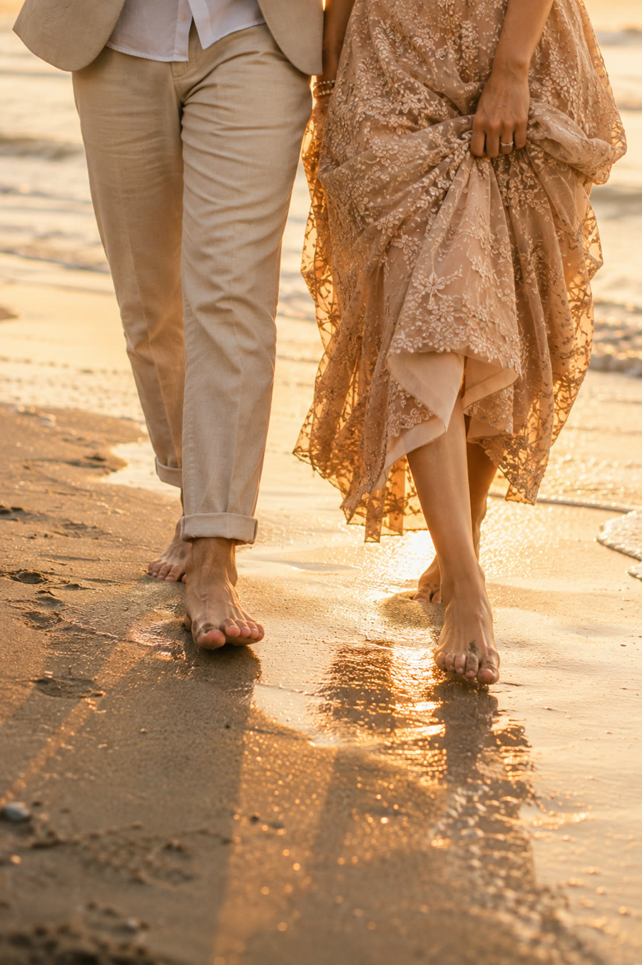 Aayush and Aayushi, barefoot walk along the shore