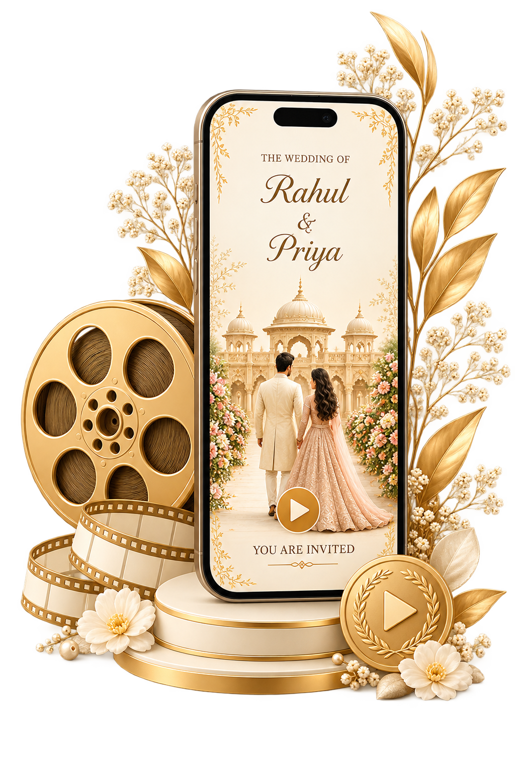 A wedding invitation video on a phone, styled with a golden film reel