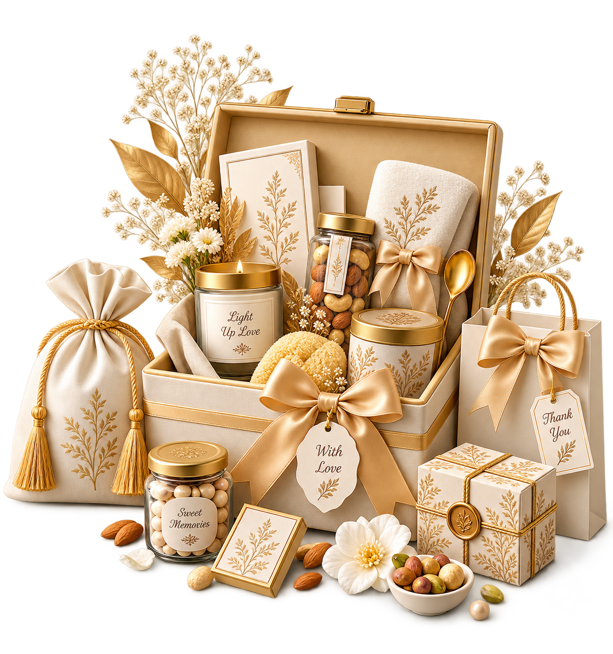 Premium wedding gift hamper — monogrammed box with personalised candle, tea blend, pouch and thank-you tag
