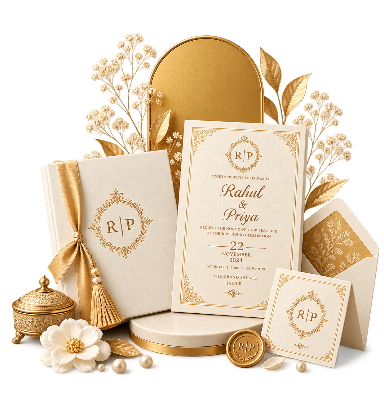 Premium hard copy wedding invitation suite — hardbound box, foil-stamped card, laser-cut sleeve and personalised envelope