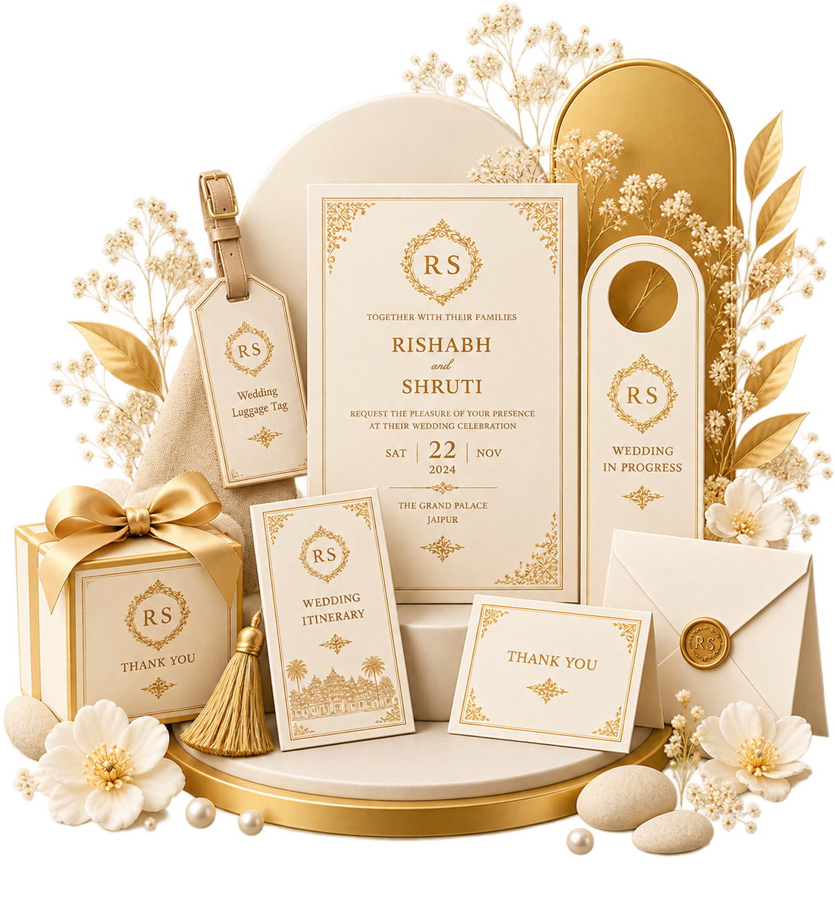 A wedding stationery suite — itinerary, luggage tag, envelope and thank-you card, monogrammed RS