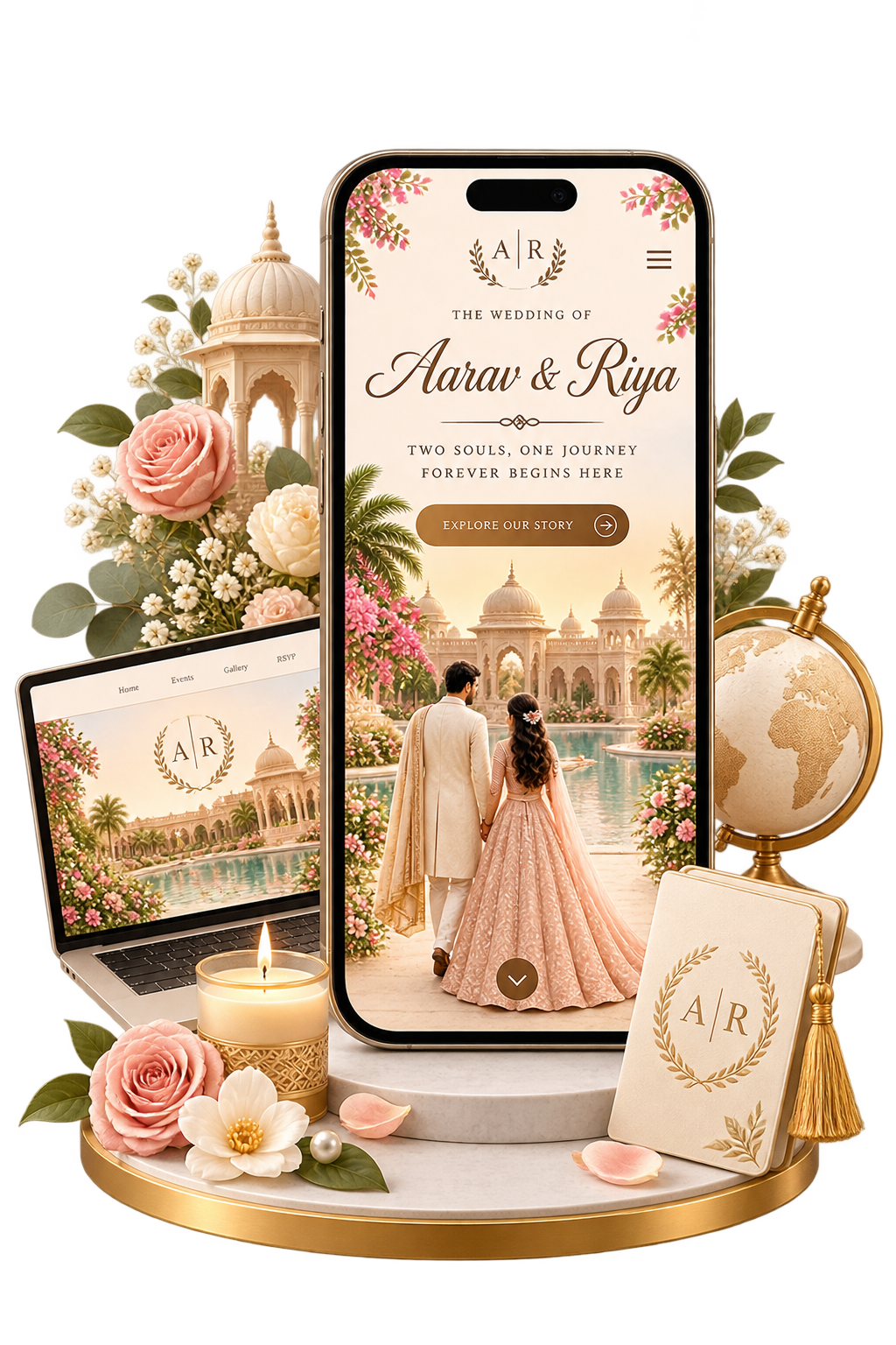 A wedding website invite shown on a laptop and phone, with a couple walking through a palace courtyard