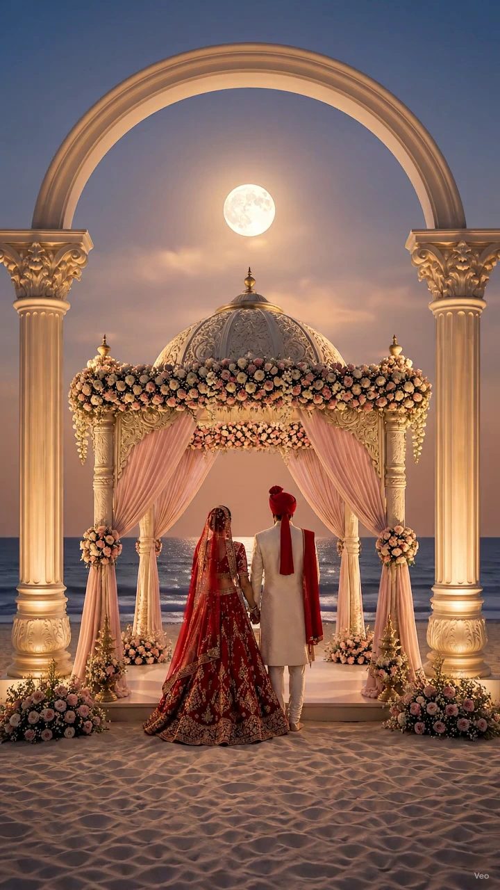 The couple beneath their beach mandap