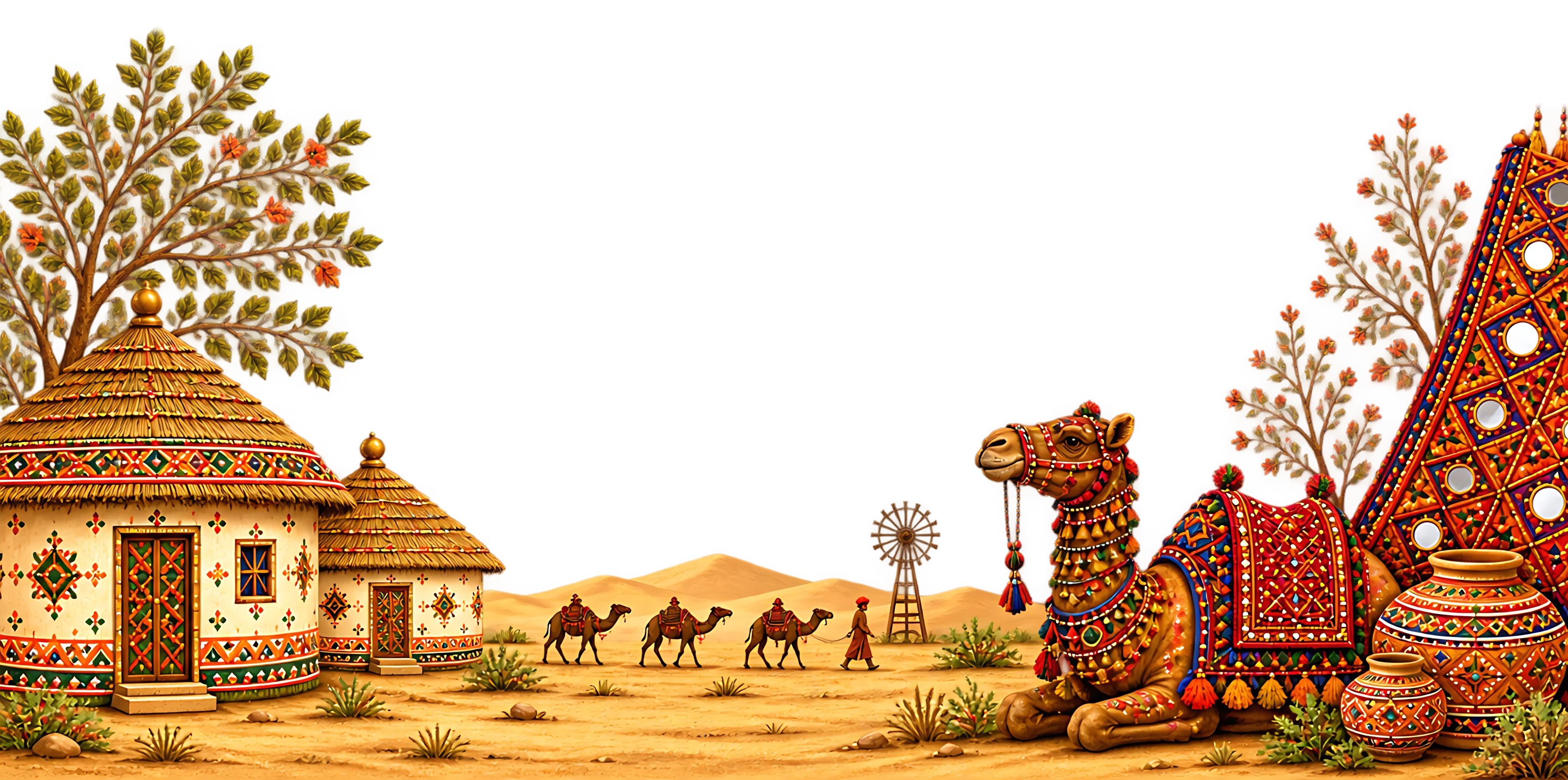 Painted Rajasthani desert scene with camel caravan and musicians