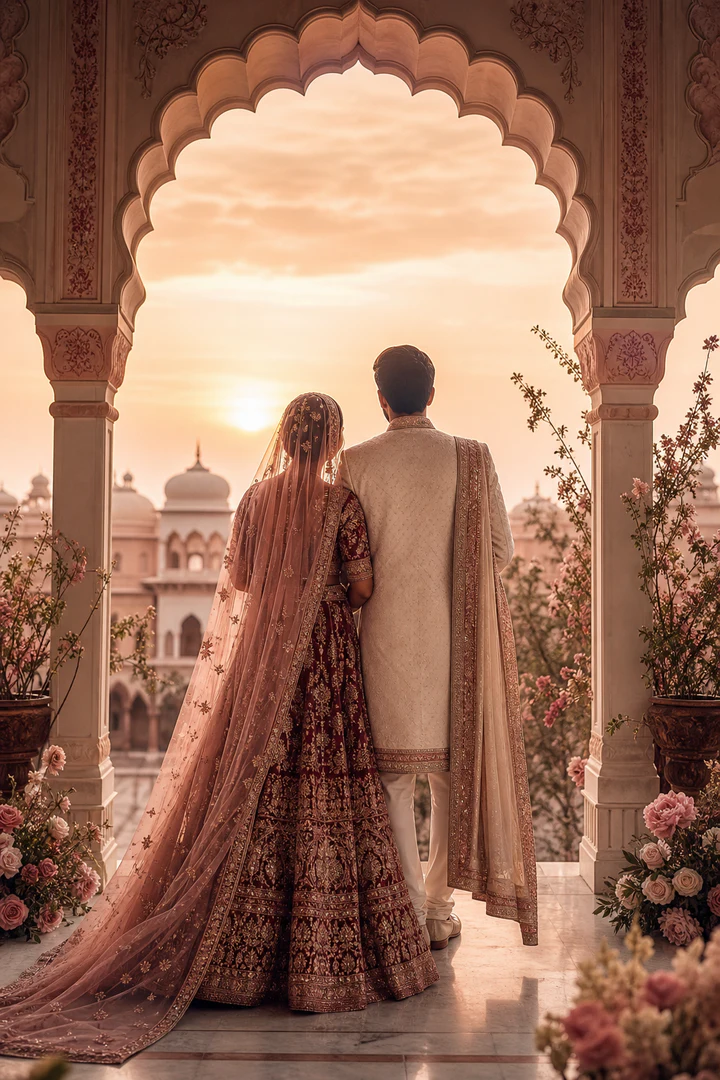 The couple overlooking the palace at sunset